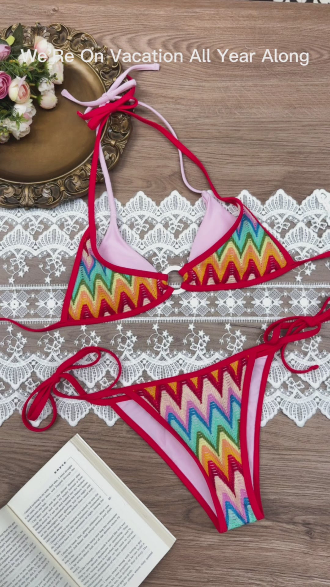 Seamolly Crochet Rainbow Chevron Contrast Binding O Ring Double Layer Bikini Set