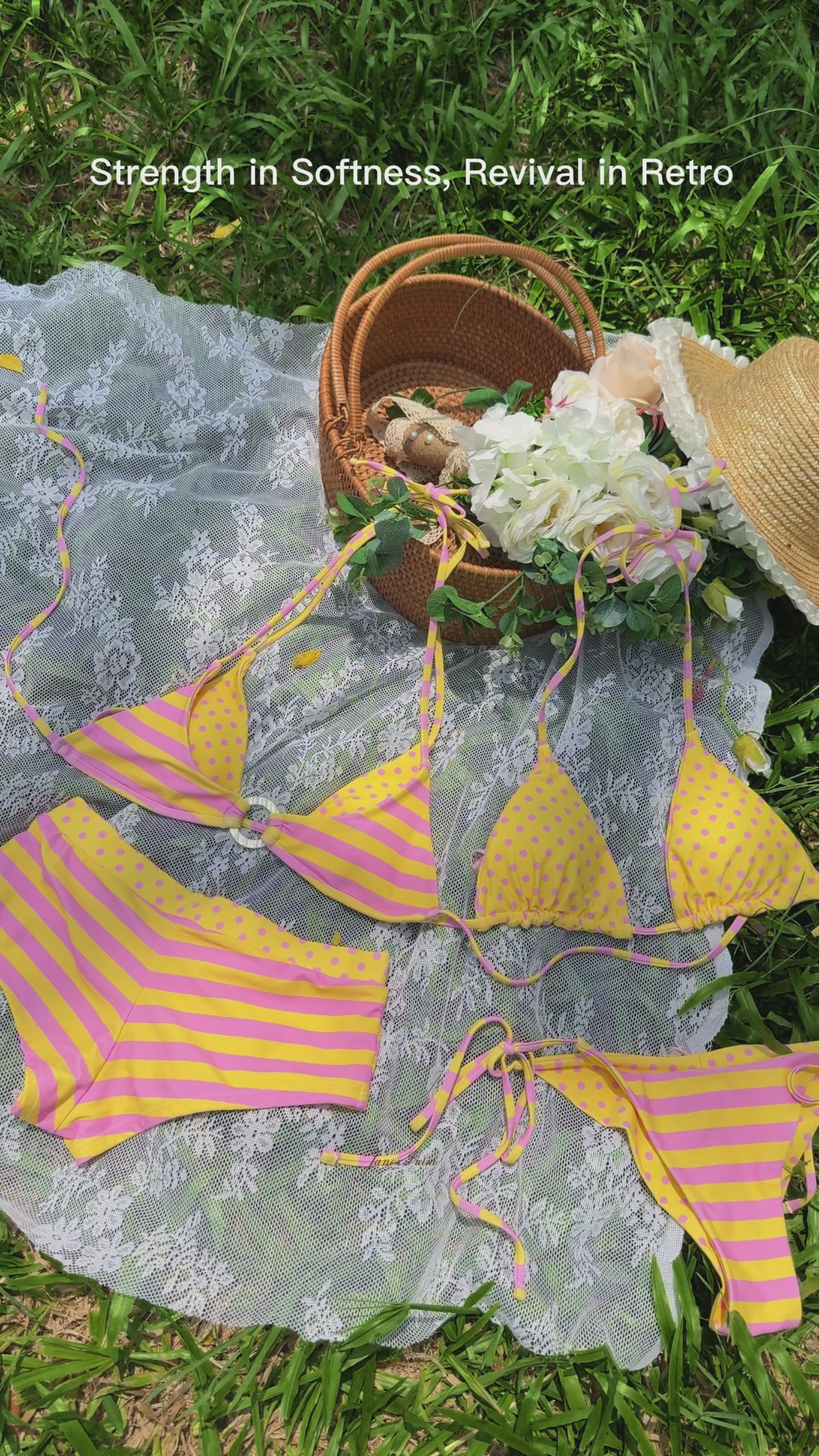 Yellow Striped Polka Dot Triangle Top & Cheeky Brazilian Bottom Reversible Bikini Set