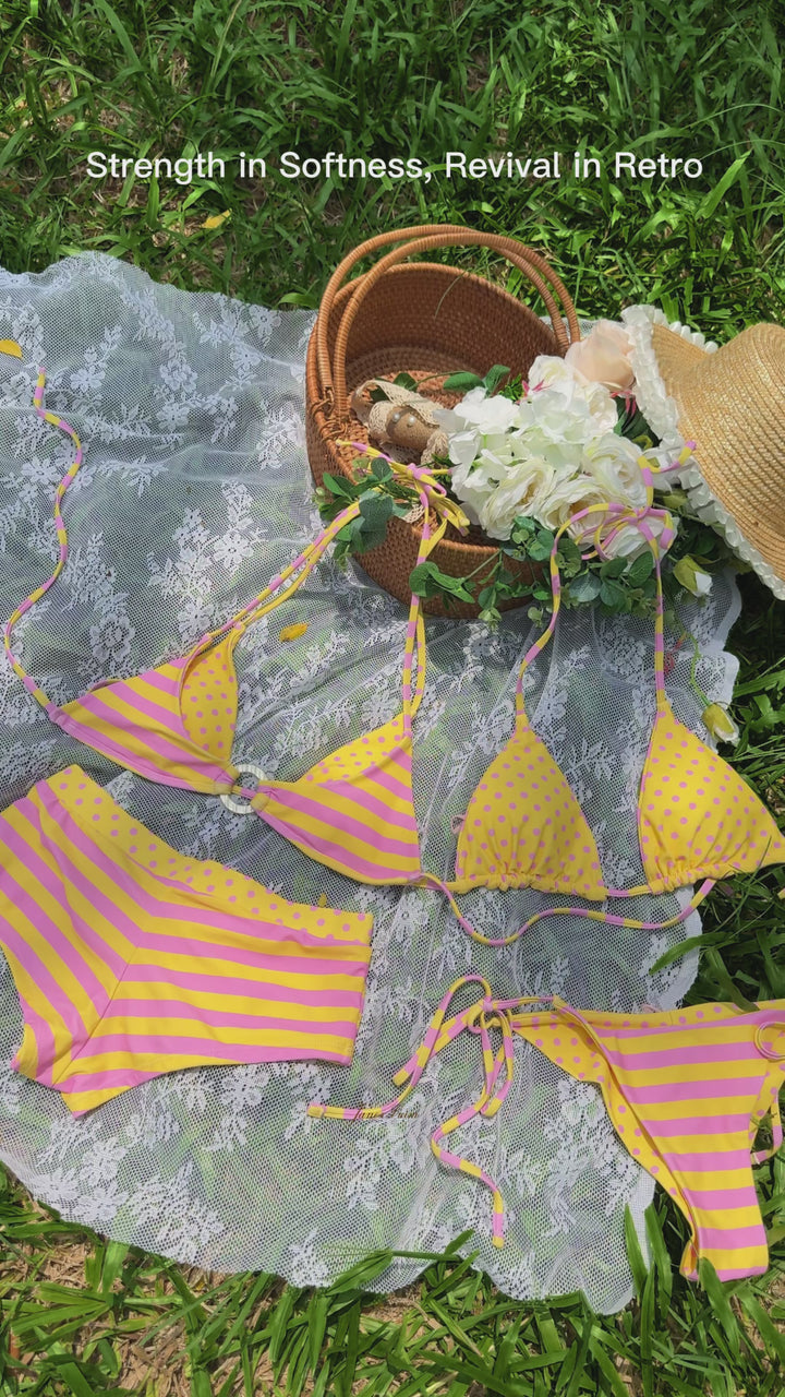 Yellow Striped Polka Dot Triangle Top & Cheeky Brazilian Bottom Reversible Bikini Set