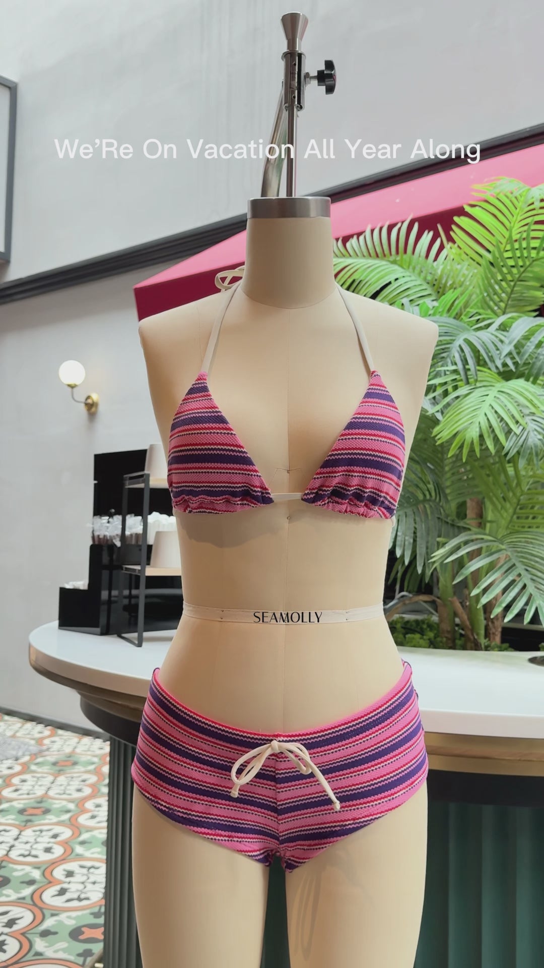 Seamolly Striped Halter Triangle Cheeky Boyshorts Bikini Set