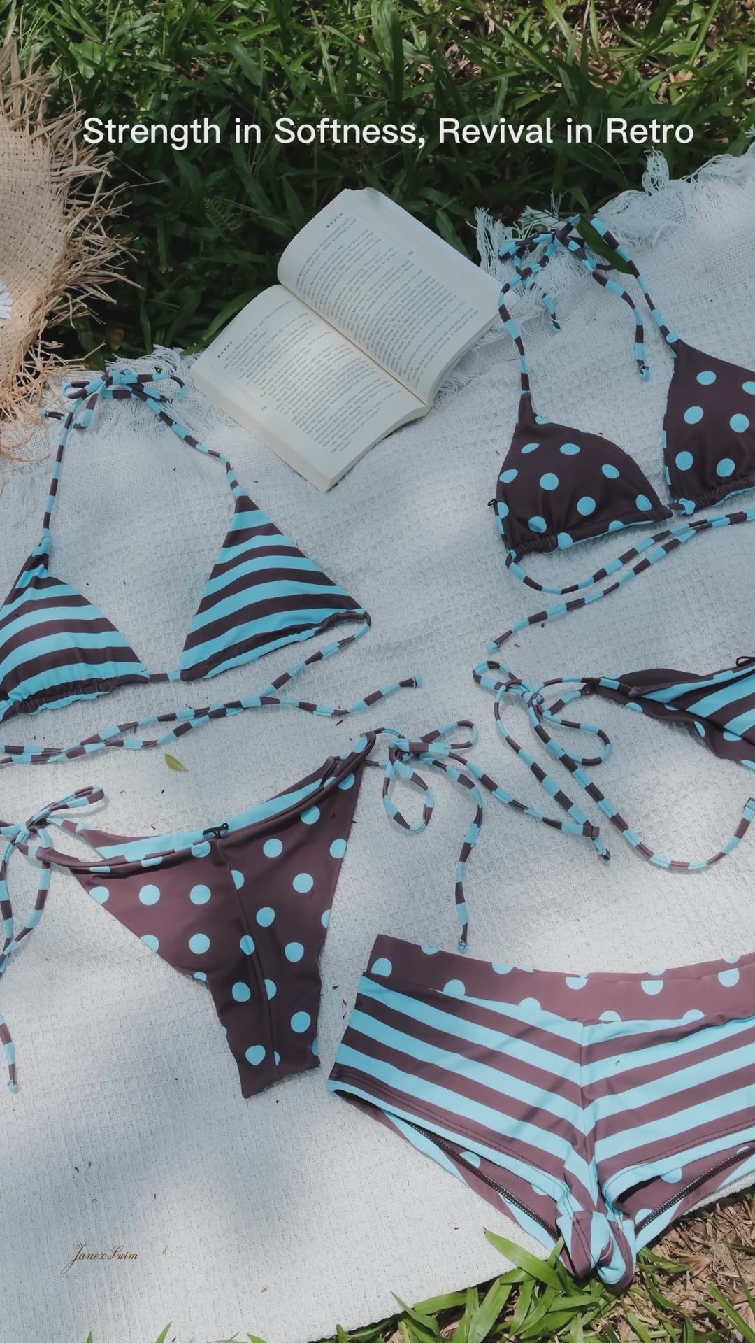 Coffee Striped Polka Dot Triangle Top & Cheeky Brazilian Bottom Reversible Bikini Set