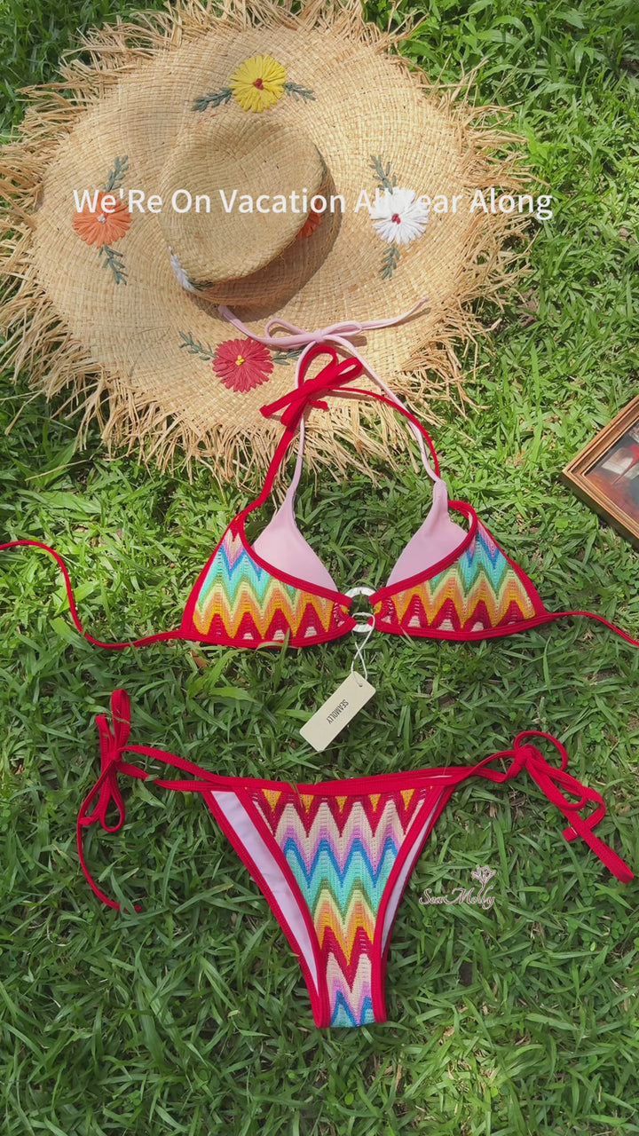 Seamolly Crochet Rainbow Chevron Contrast Binding O Ring Double Layer Bikini Set