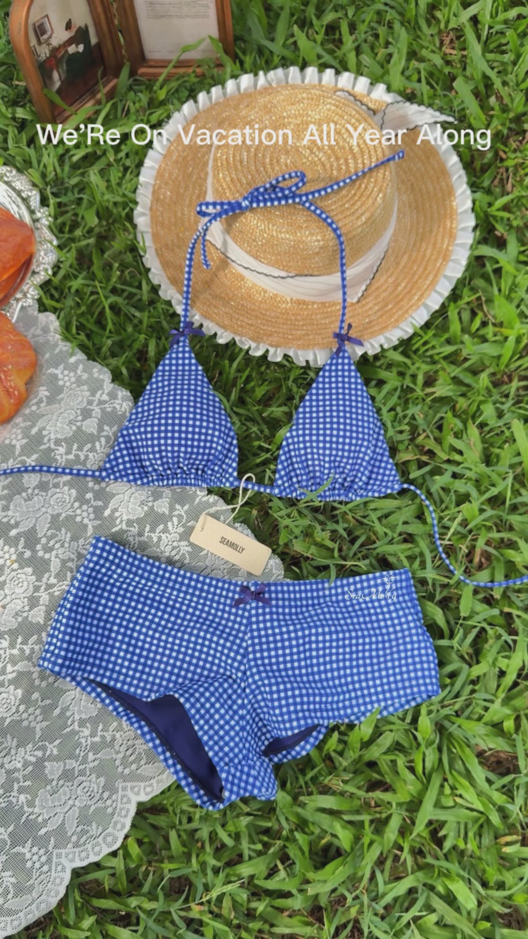 Seamolly Gingham Bowknot Halter Triangle Cheeky Boyshorts Bikini Set