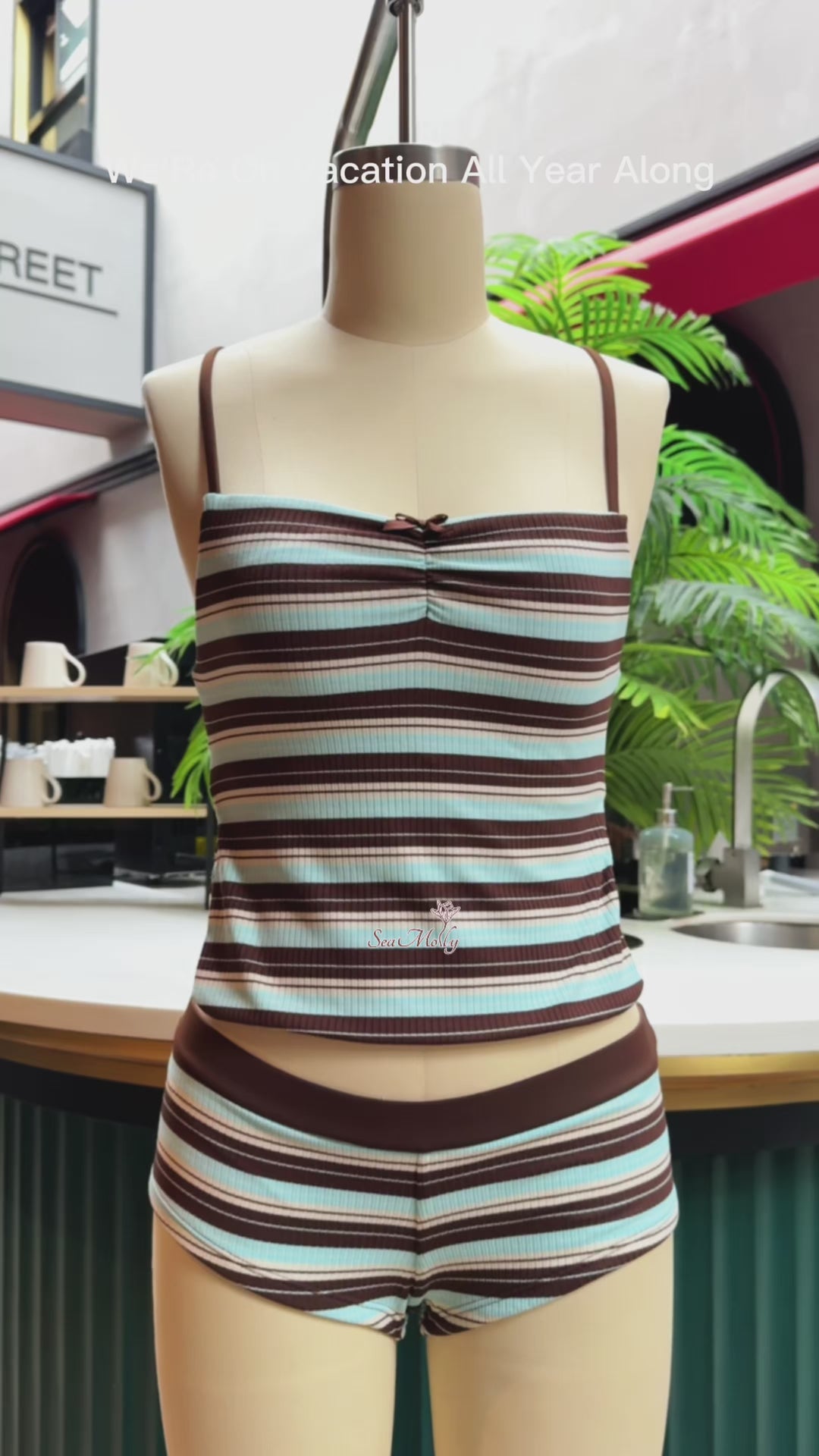 Seamolly Striped Crisscross Lace Up Tank Top & Cheeky Brazilian Bottom Tankini Set