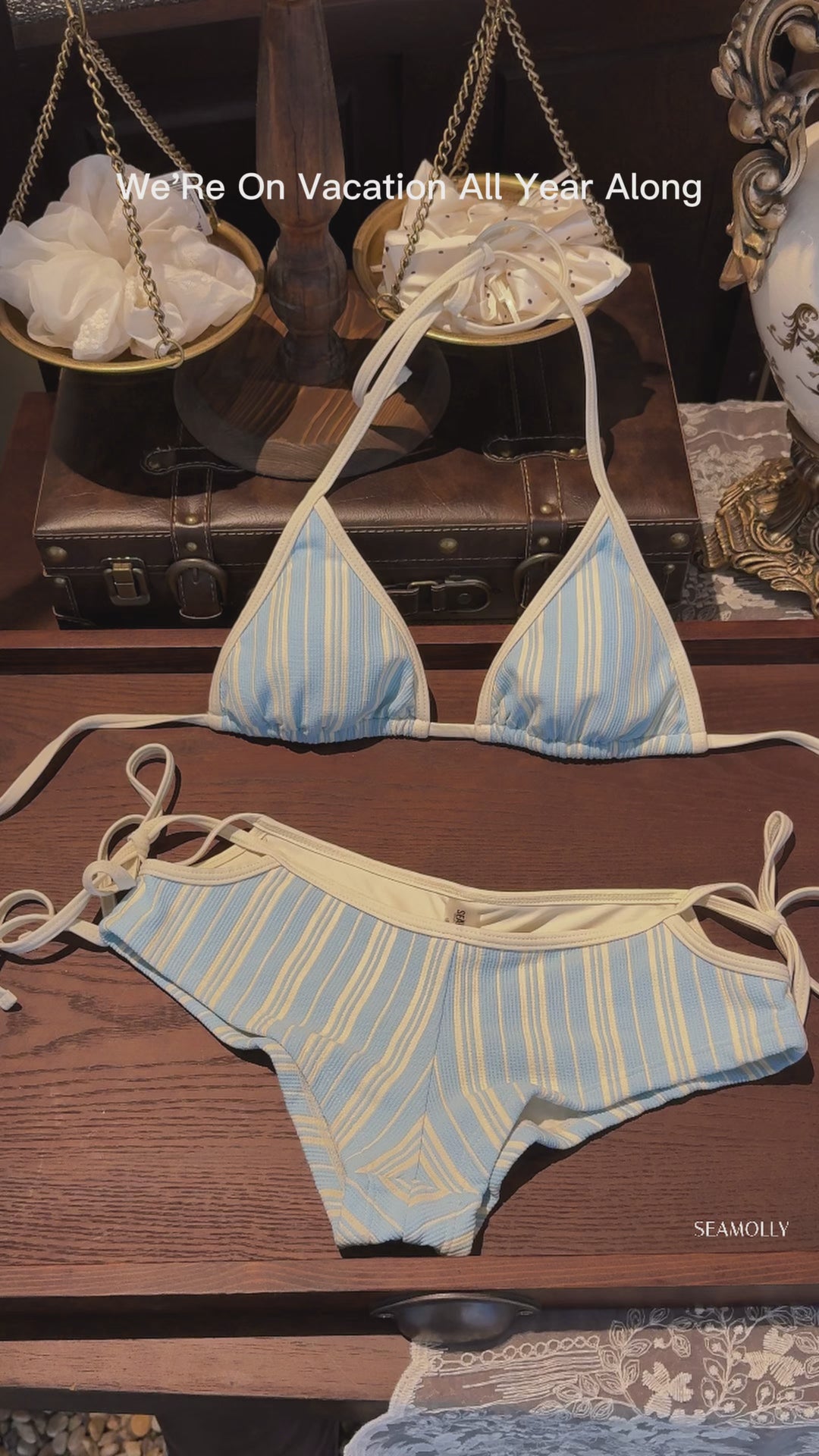 Seamolly Striped Contrast Binding Cutout Tied Cheeky Boyshorts Bikini Set