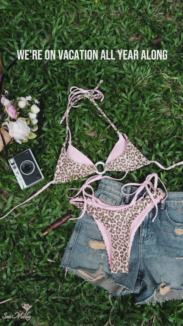 Seamolly Leopard Print Contrast Color O Ring Double Layer Bikini Set