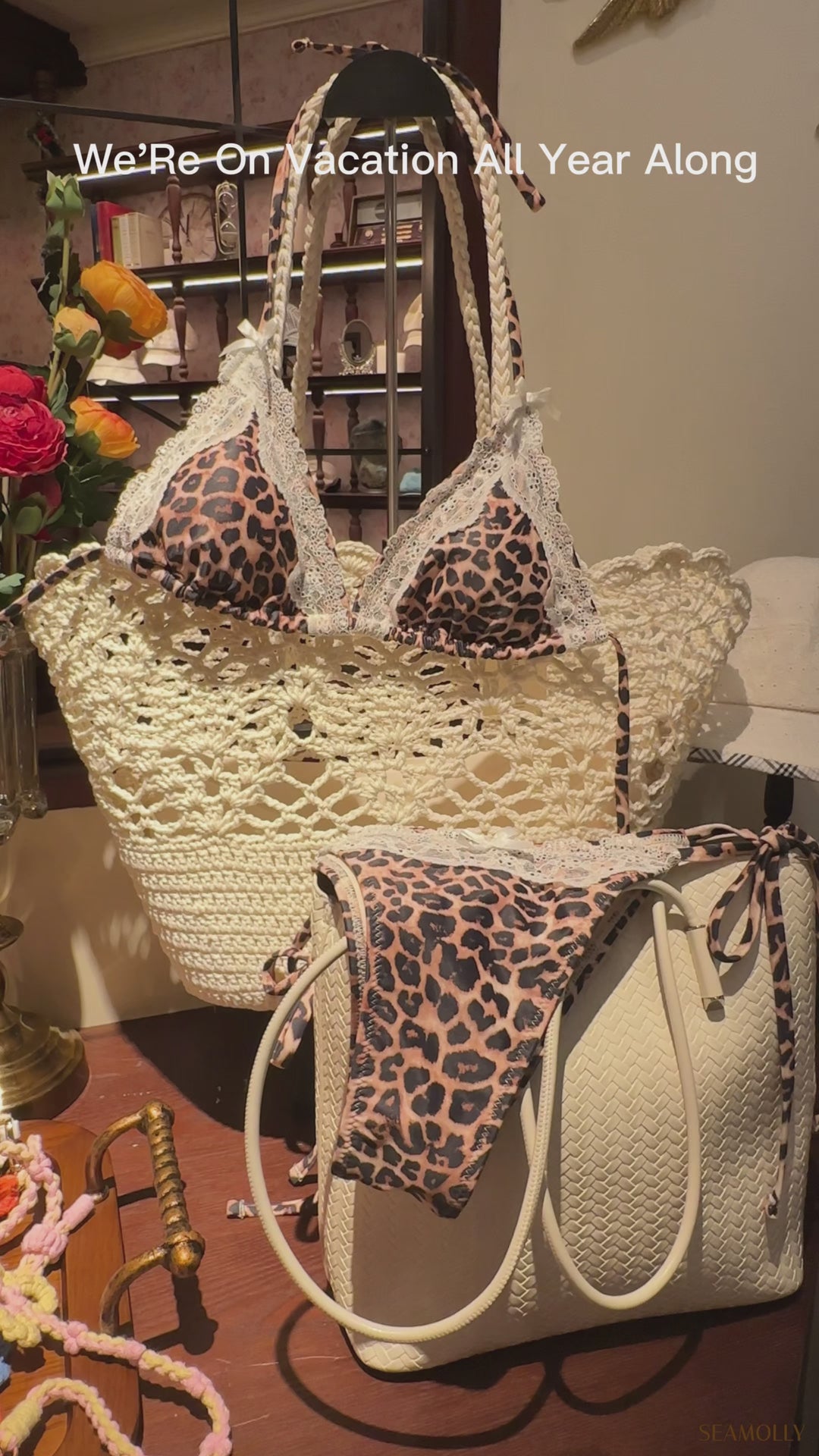 Seamolly Leopard Lace Bowknot Halter Triangle Tie Side Bikini Set