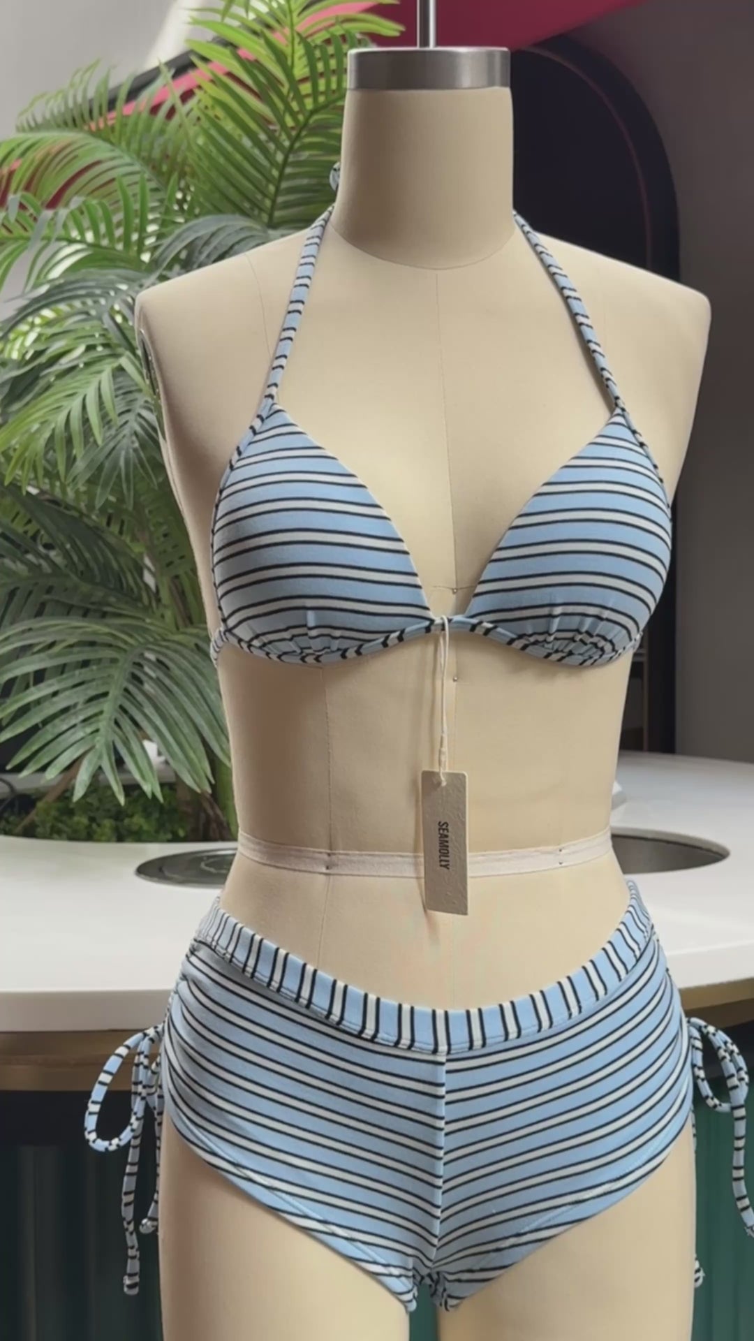 Seamolly Y2K Striped Ribbed Hard Cups Support Cinched Boyshorts Bikini Set