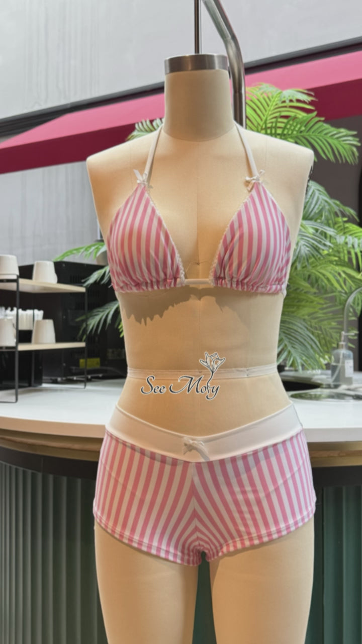 Seamolly Striped Lace Bowknot Triangle Top & Brazilian Bottom Bikini Set