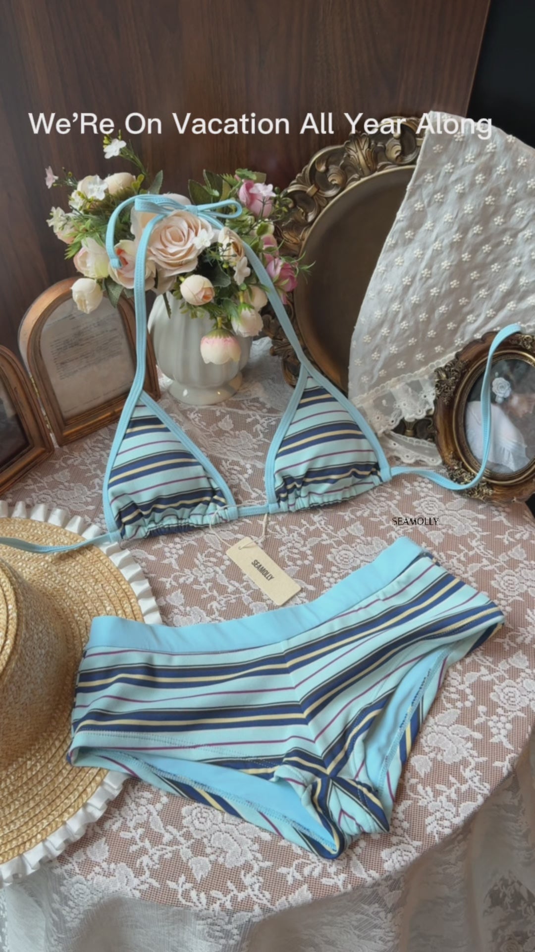 Seamolly Striped Contrast Binding Cheeky Boyshorts Bikini Set