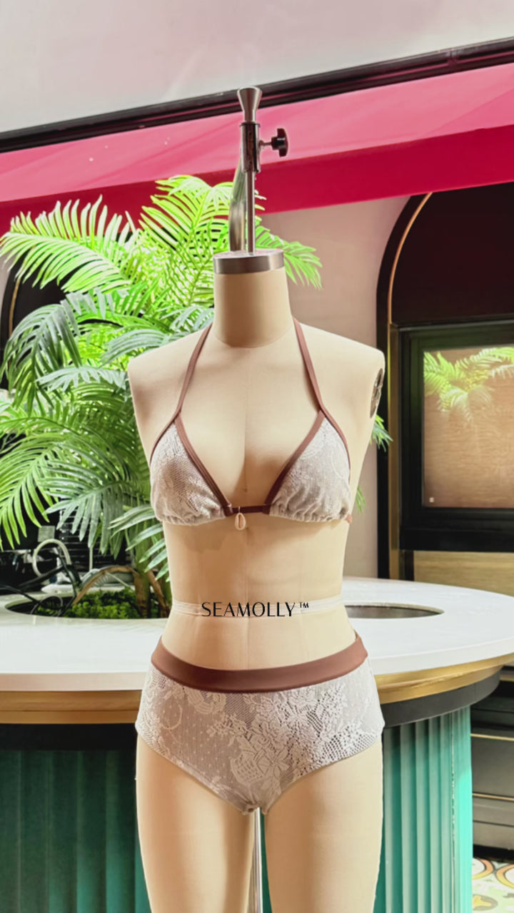 Seamolly Brown Contrast Binding Lace Shell Decor Cheeky Boyshorts Bikini Set