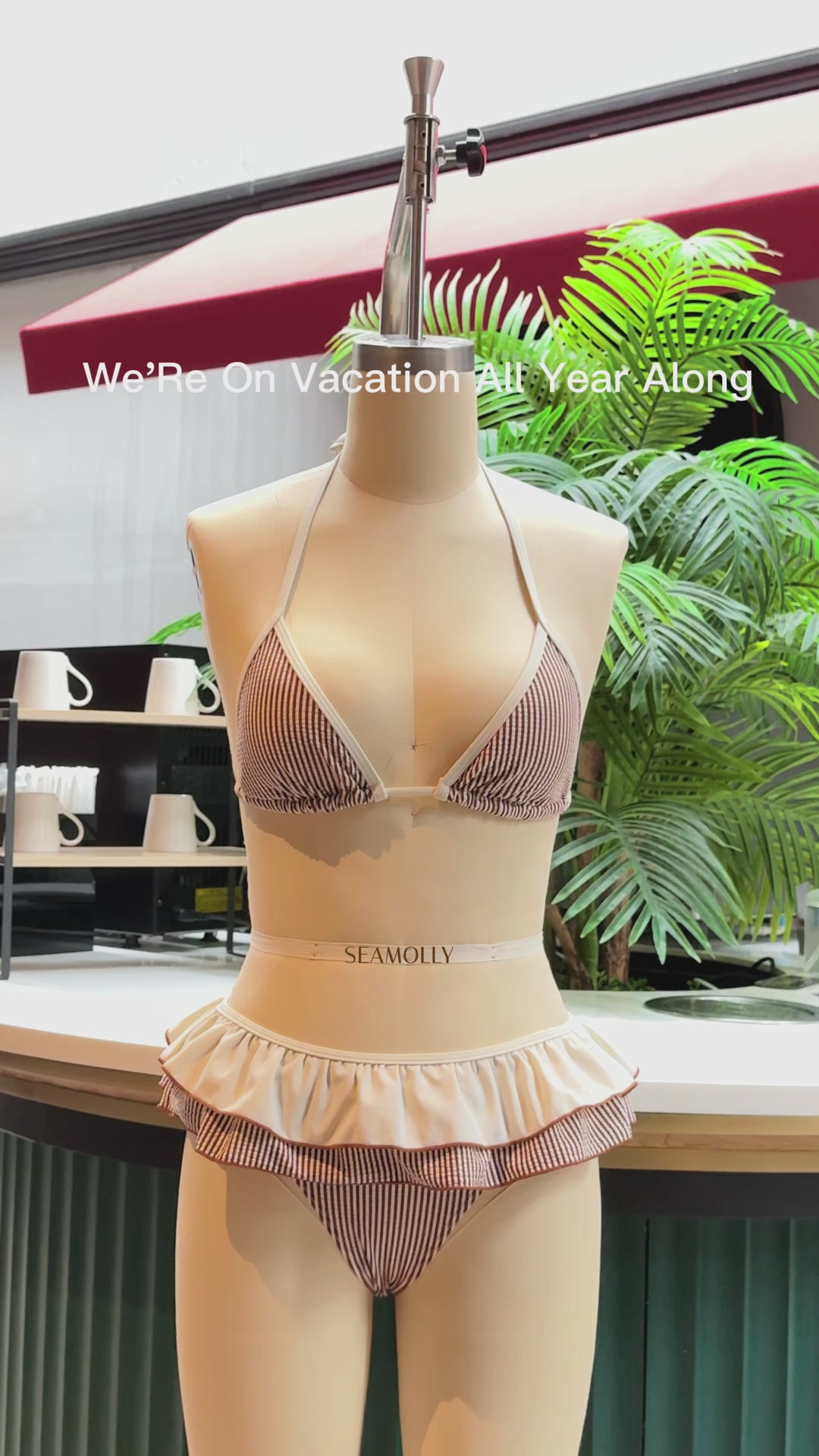 Seamolly Contrast Binding Striped Layered Peplum Halter Triangle Skirtini Bikini Set