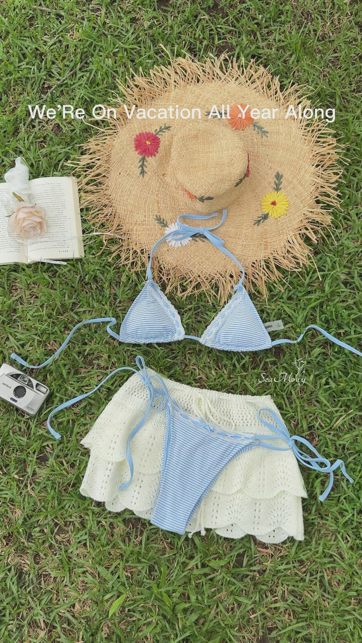 Seamolly Striped Lace Trim Bowknot Decor Halter Triangle Tie Side Bikini Set