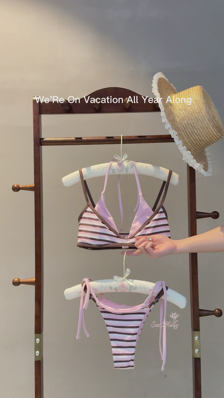 Seamolly Contrast Color Striped String Double Layer Bikini Set