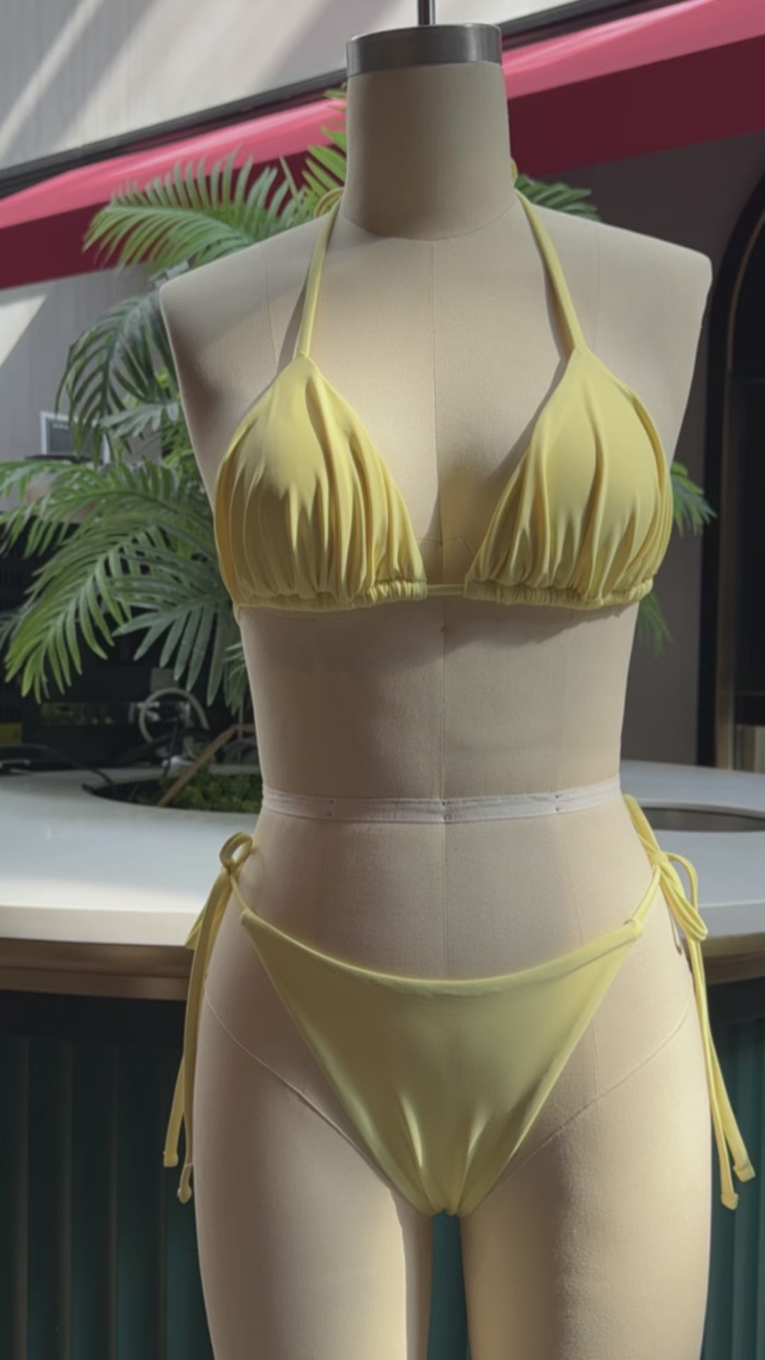 Seamolly Solid Color Ruched Halter Triangle Top & Brazilian Bottom Bikini Set