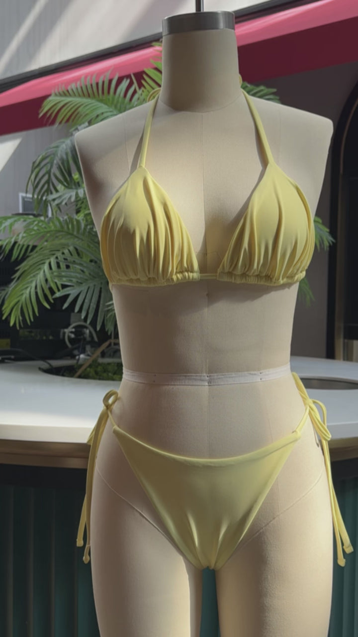 Seamolly Solid Color Ruched Halter Triangle Top & Brazilian Bottom Bikini Set