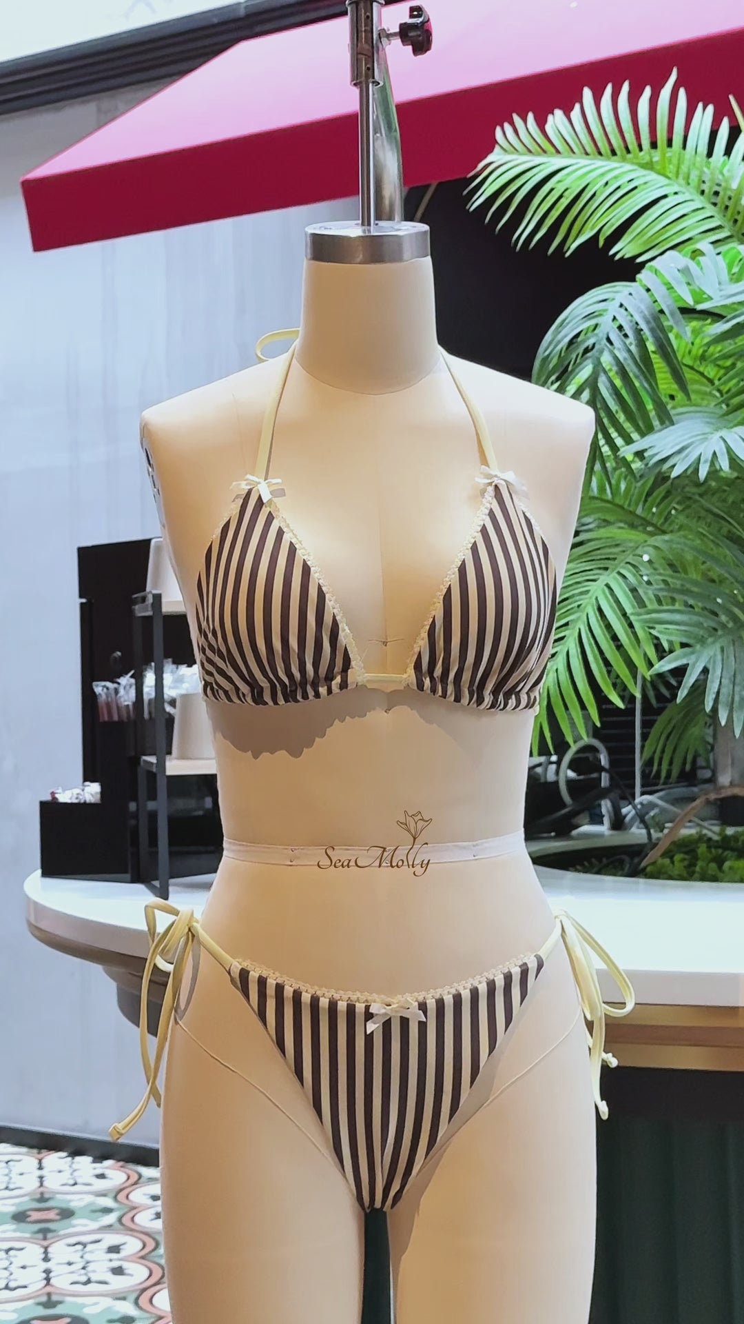 Seamolly Striped Lace Bowknot Triangle Top & Cheeky Brazilian Bottom Bikini Set