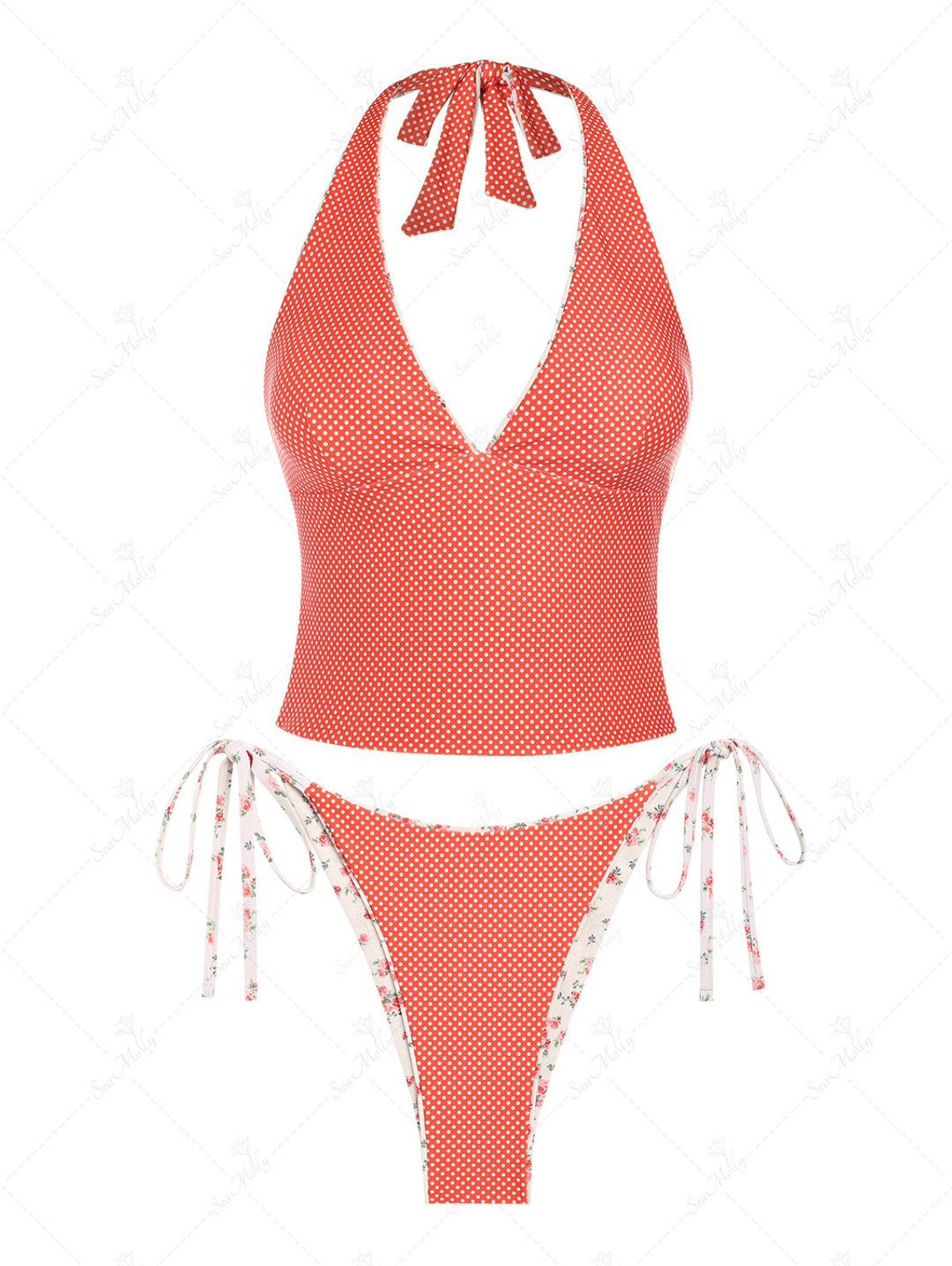 Seamolly Vintage-Tankini-Set mit doppelseitigem Blumen- und Punktemuster und Neckholder zum Binden an der Seite