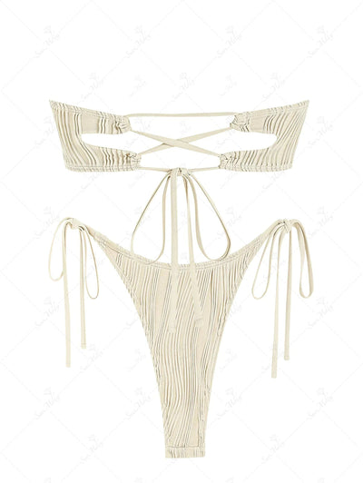 Metal Ring Decor Textured Lace Up Tied Side Bandeau Bikini Set